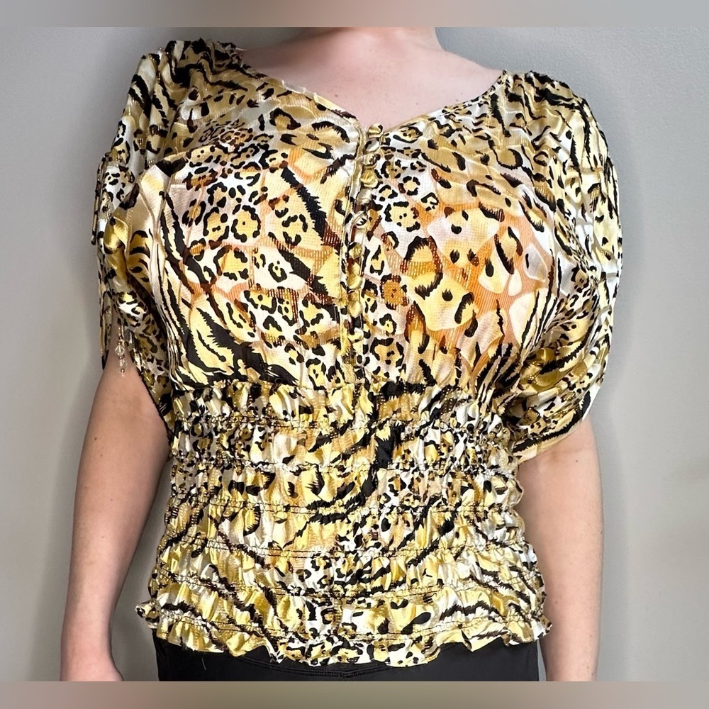 Vintage 1980s Cachè Gold Cheetah Print Silk Dolman‎ Blouse Cinched Waist Women S